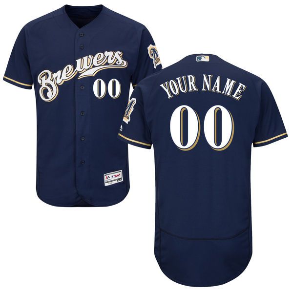 Men Milwaukee Brewers Majestic Alternate Home Navy Blue Flex Base Authentic Collection Custom MLB Jersey